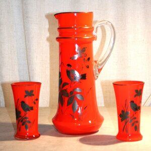 Orange Czech Bohemian art glass pitcher + tumbler set w/ sterling overlay design
